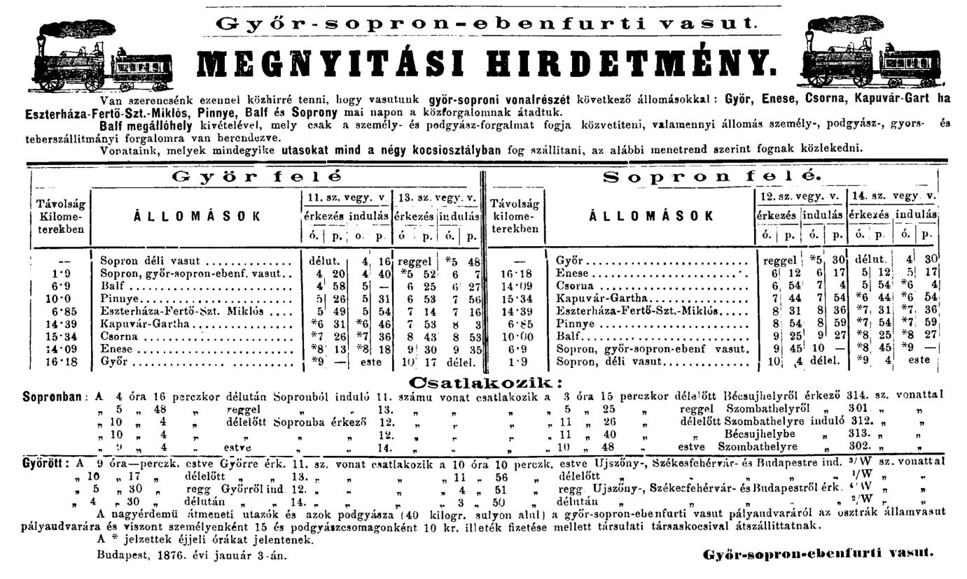 A Győr-Sopron vonal megnyitási hirdetménye 1876-ból.