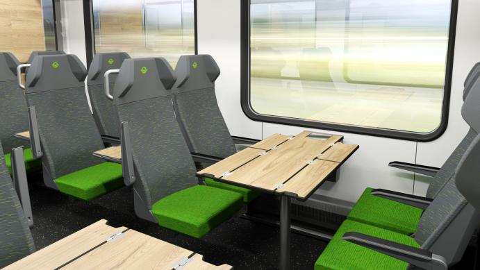 Másodosztályú ülések zöld-szürke szövethuzattal