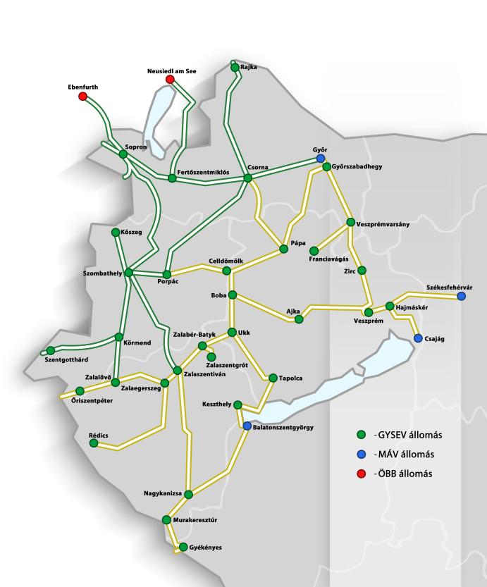 A GYSEV Zrt. bővített vonalhálózatának sematikus térképe